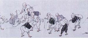 紙本墨画淡彩百盲行旅の図