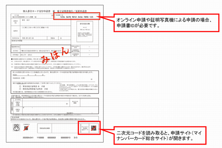 イラスト：個人番号カード交付申請書（見本）　申請書ID　オンライン申請や証明写真機による申請の場合、申請書IDが必要です。　オンライン申請用QRコード　二次元コードを読み取ると、申請サイト（マイナンバーカード総合サイト）が開きます。