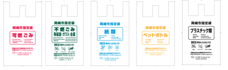 イラスト:ごみ袋(新)可燃ごみ 不燃ごみ 紙類 ペットボトル プラスチック類