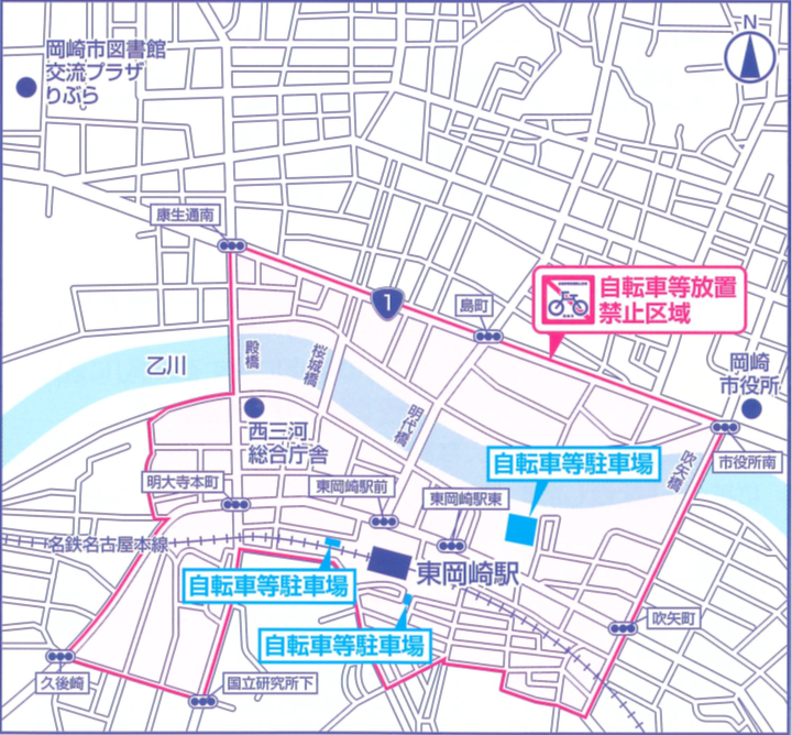 地図：東岡崎駅自転車等放置禁止区域