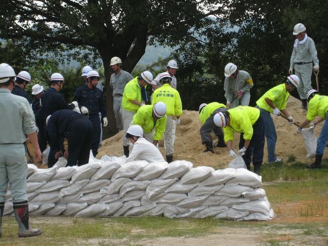 写真：土のう工法による水防訓練の様子