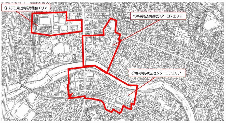 地図：1.中央緑道周辺センターコアエリア 2.東岡崎駅周辺センターコアエリア　3.りぶら周辺商業等集積エリア