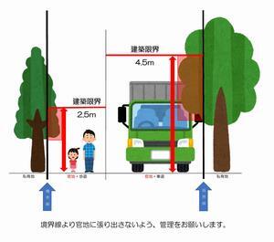 イラスト：建築限界　境界線より官地に張り出さないよう、管理をお願いします。