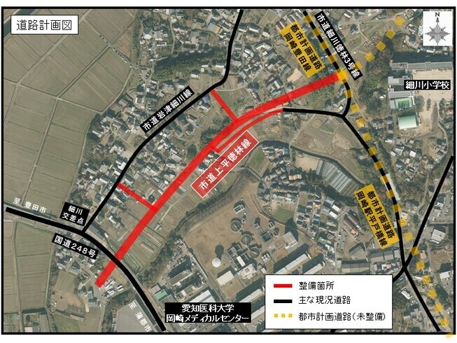 写真：位置図　整備箇所　市道上平徳林線（岩津細川バイパス）
