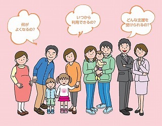 イラスト：子ども・子育て支援新制度への取組みについて　何がよくなるの？いつから利用できるの？どんな支援を受けられるの？