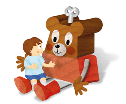 イラスト：大きい熊の玩具のひざにのる少女