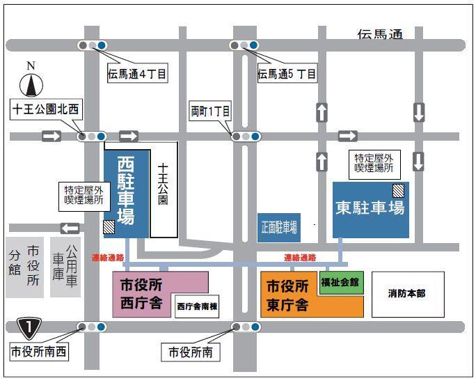 地図：市役所本庁舎周辺喫煙所案内図