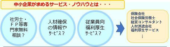 イラスト：中小企業が求めるサービス・ノウハウとは　社労士・FP等専門家無料相談？　人材確保の情報やサービス？　従業員向福利厚生サービス？　→保険会社　社会保険労務士　経営コンサルタント　人材派遣会社　福利厚生サービス…