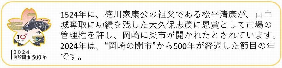 1524年に、徳川家康公の祖父である松平清康が、山中城奪取に功績を残した大久保忠茂に恩賞として市場の管理権を許し、岡崎に楽市が開かれたとされています。2024年は、”岡崎の開市”から500年が経過した節目の年です。
