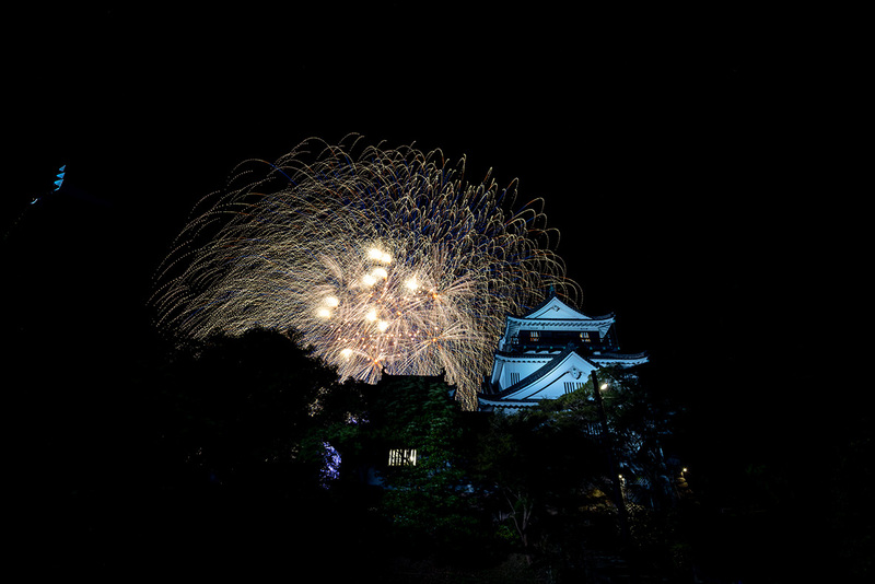 岡崎城と花火の写真