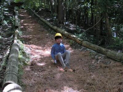 落ち葉スキーを滑る児童の様子