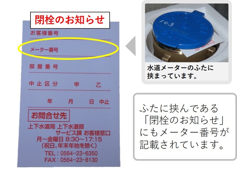 ふたに挟んである「開栓のお知らせ」にもメーター番号が記載されています