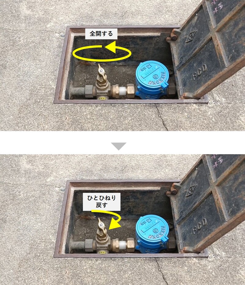 元栓を反時計回りに全開して、ひとひねり戻す。