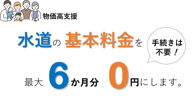 物価高支援。水道の基本料金を最大6か月分を0円にします。手続きは不要です。
