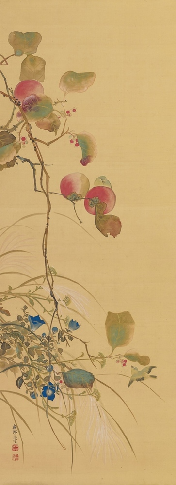 池田孤邨『柿樹・秋草に小禽図』