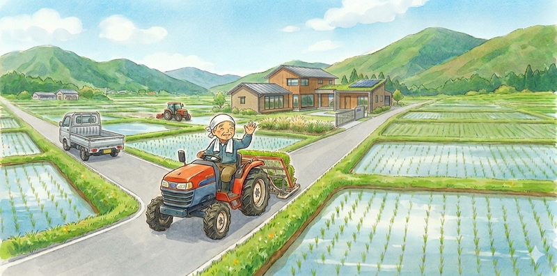 田植え時期の農道イラスト