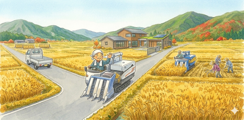 田植え時期の農道イラスト